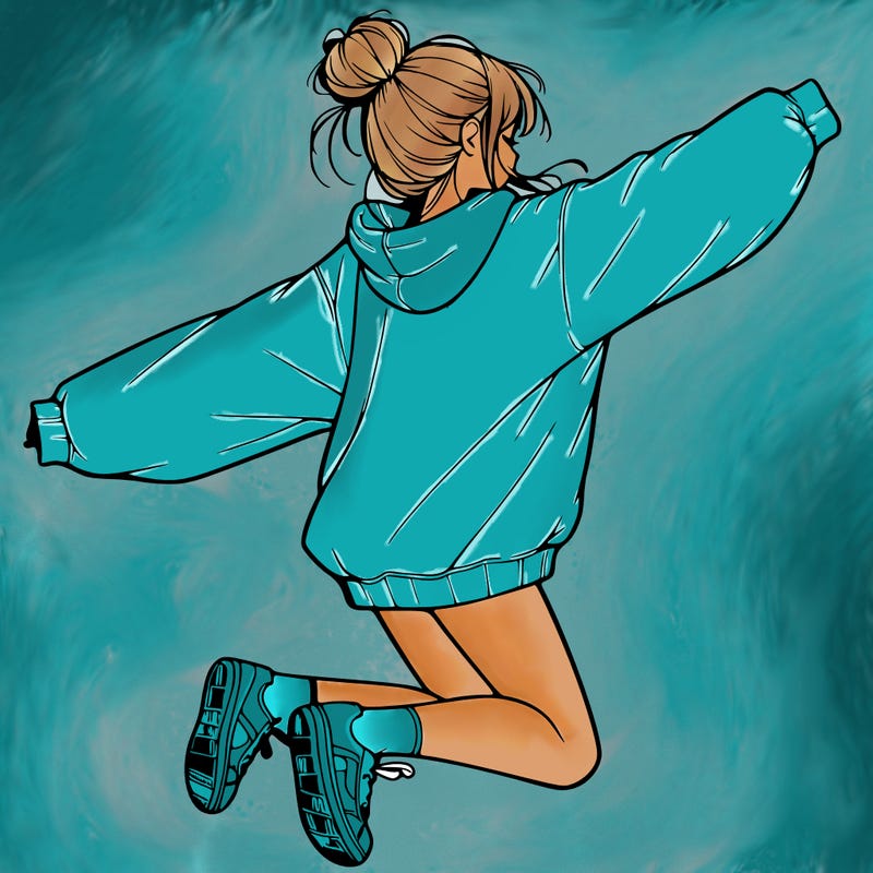realistic girl jumping with a bun and oversized sweatshirt
