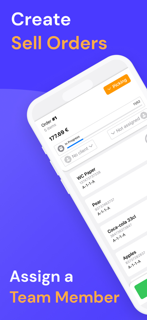 Inventory Manager & Scanner - Mobile App-Oberfläche zum Erstellen von Verkaufsaufträgen und Zuweisen von Teammitgliedern für die Bestandsentnahme