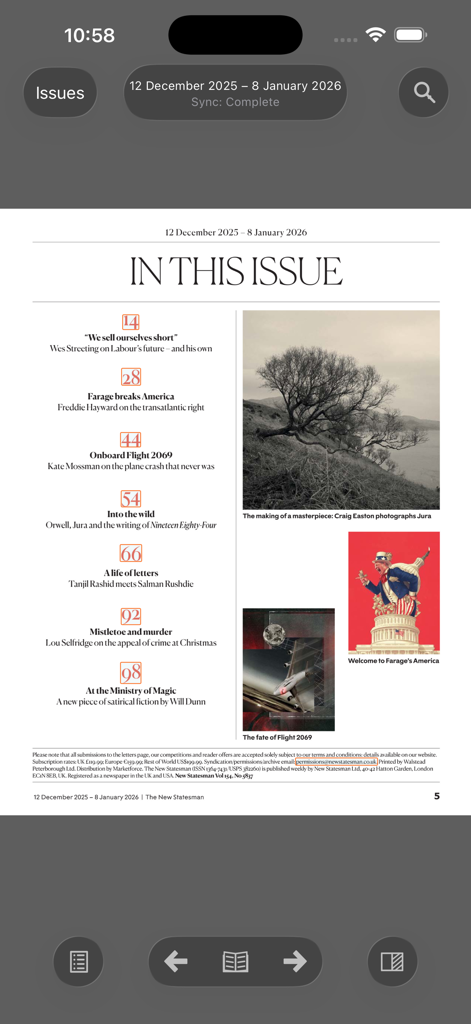 New Statesman & Archive - 주요 정치 및 문화 기사를 보여주는 New Statesman 앱의 목차 페이지