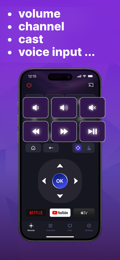 iPhone exibindo um aplicativo de controle remoto da TV Roku com botões de volume, reprodução e atalhos de canais
