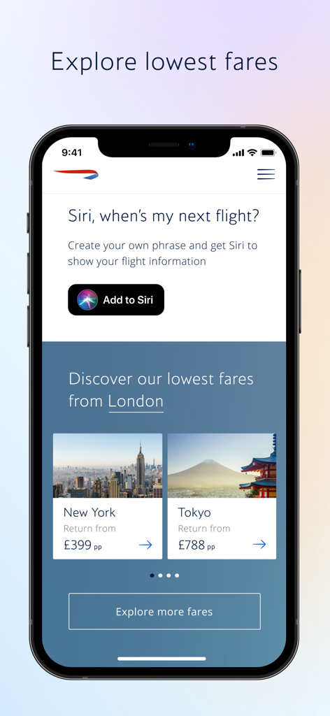 British Airways app displaying lowest flight fares and Siri Shortcuts integration