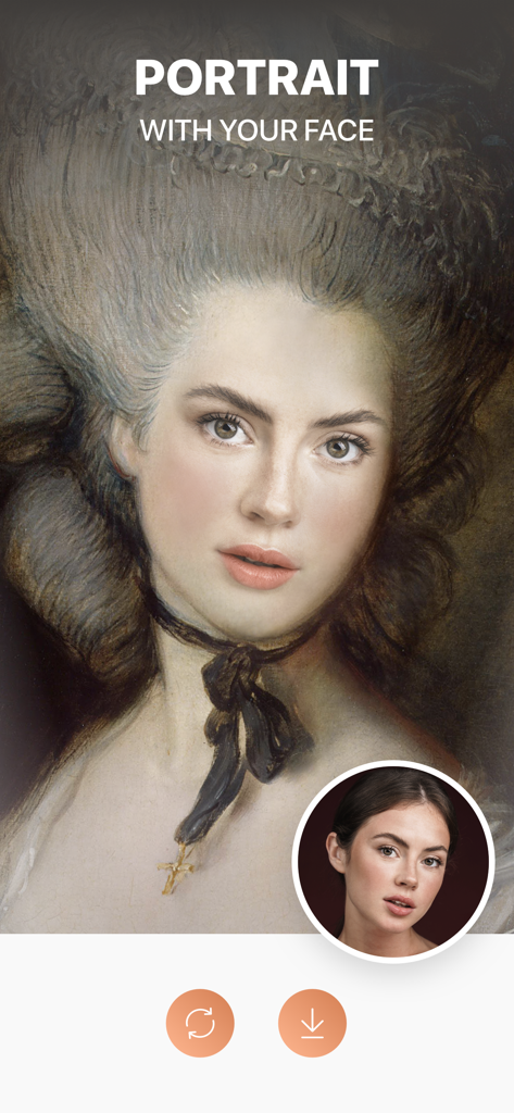 A screen showing the EasyGlam app feature that swaps a user's face into a classical oil painting portrait.