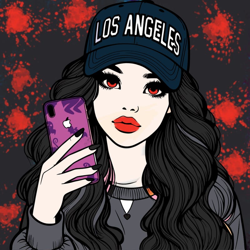 realistic beautiful girl wearing los ángeles cap holding an iphone