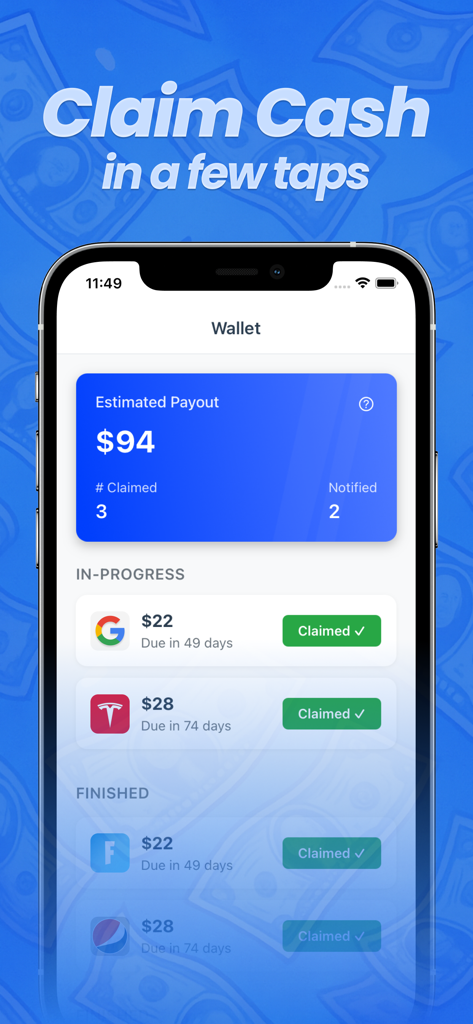 Payout: Claim Class Actions - Payoutアプリのウォレットが表示されたスマートフォンの画面。推定総収益と請求された集団訴訟の和解金のリスト。