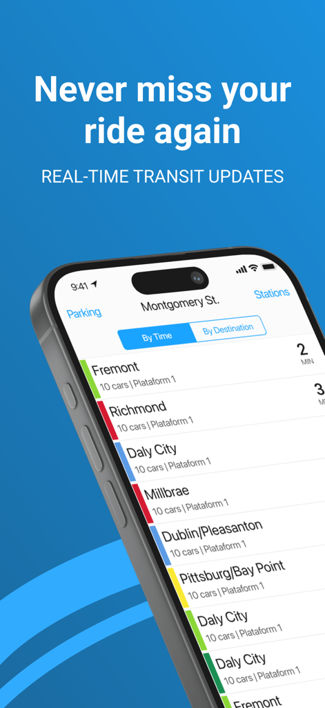 Live BART - Aplicativo Live BART exibindo atualizações de trânsito em tempo real e partidas de trem