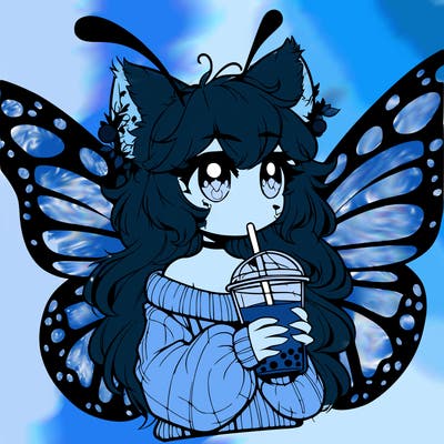 a realistic butterfly/furry girl drinking boba
