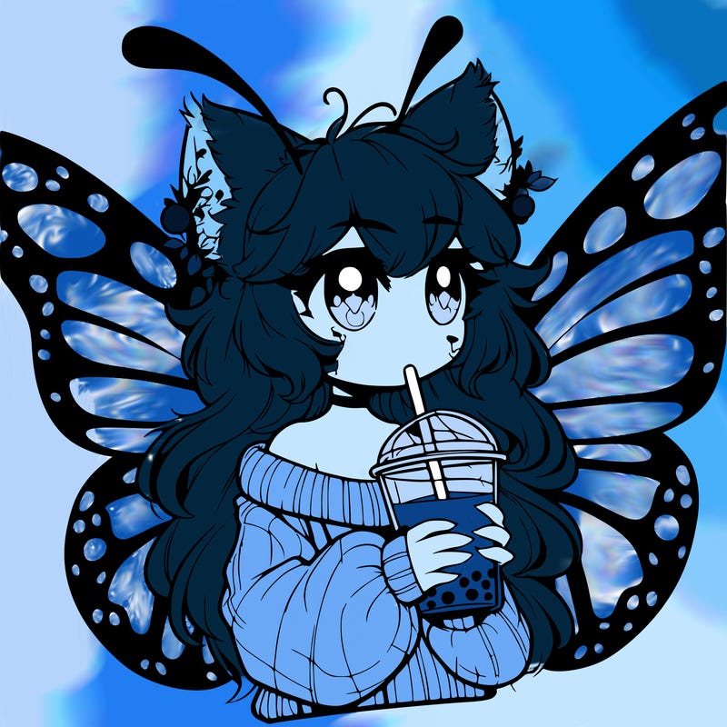 a realistic butterfly/furry girl drinking boba