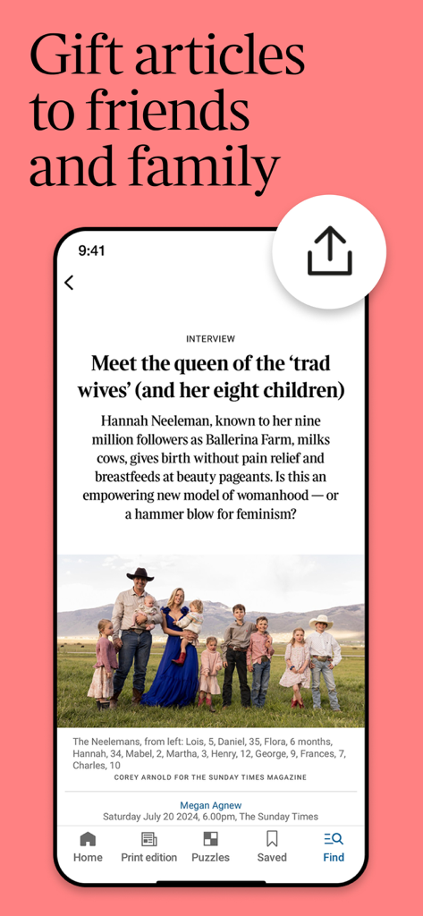 Una captura de pantalla de la aplicación de noticias The Times mostrando la función de artículos de regalo para amigos y familiares.