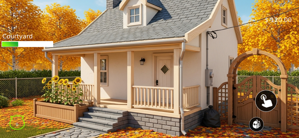 My Leaf It All Alone Blower Co - Una casa acogedora con un patio lleno de hojas de otoño y una barra de progreso en el juego My Leaf It All Alone