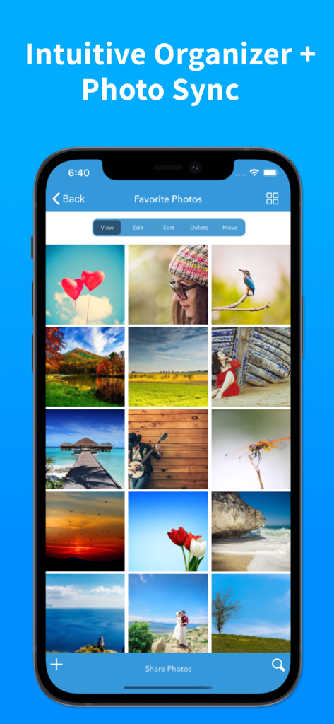 Photo Album Private Manager - Mobile app interface showing a grid of favorite photos with organization tools like sort and move