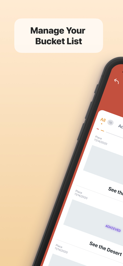 Interface of the Bucket app showing a goal list with an achieved status tag.