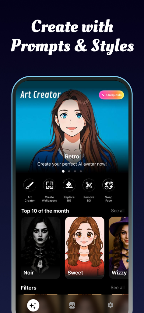 Art Creator・AI Image Generator - Pantalla de smartphone mostrando la aplicación Creador de Arte con varios estilos de avatares generados por IA como retro y anime.