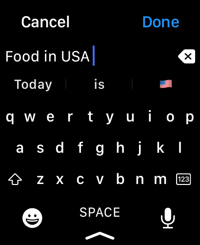 Interfaz de teclado de Apple Watch mostrando una búsqueda de Comida en EE. UU.