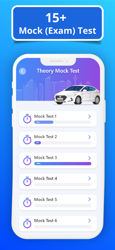 Driving Theory Test Kit 2026 ! - App screen showing a list of driving theory mock tests with individual progress bars