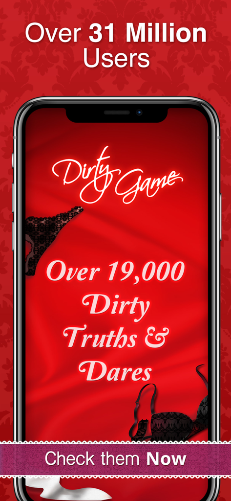 Dirty Game - Hot Truth or Dare - Startbildschirm der Dirty Game App mit über 19.000 Wahrheiten und Pflichten auf rotem Seidenhintergrund