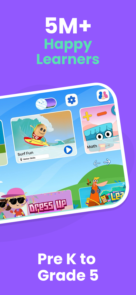 SKIDOS app interface showing educational games for kids from Pre K to Grade 5 including math and role-play activities
