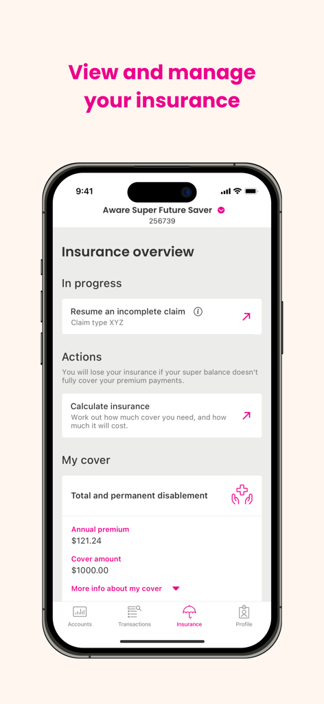 Interface of the Aware Super app showing insurance management options and cover details