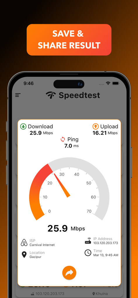 Fast Internet Speed Test Now - A mobile app interface showing internet speed test results including download and upload speeds with a save and share option