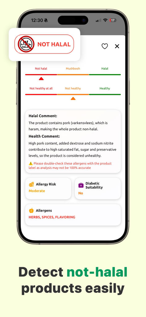 Halal Scanner AI Food Analyze - Halal Scanner AI App-Bildschirm, der ein Nicht-Halal-Ergebnis mit Gesundheits- und Allergenwarnungen anzeigt.