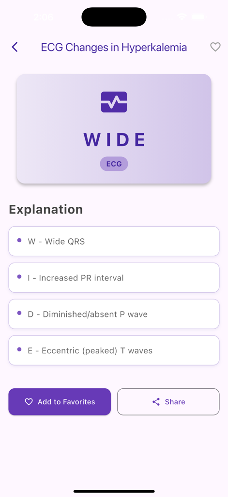 Cardiology Mnemonics - Cardiology Mnemonics app screen showing the WIDE acronym for ECG changes in hyperkalemia