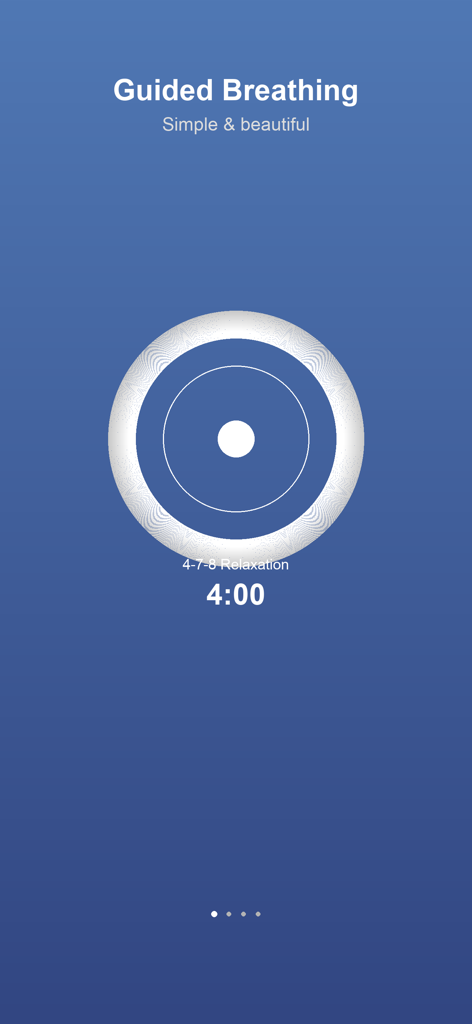 Breathe Easy - Calm Breaths - ミニマリストなガイド付き呼吸インターフェース。青い背景に円形の視覚ガイドと4分間のリラクゼーションタイマーが表示されています。