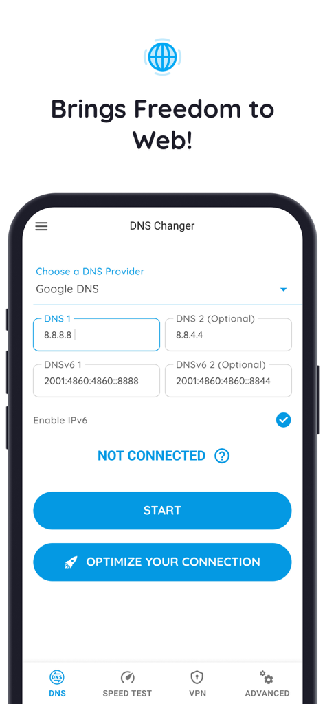 DNS Changer 앱의 인터페이스로 Google DNS 설정과 연결 최적화 버튼을 보여줍니다.