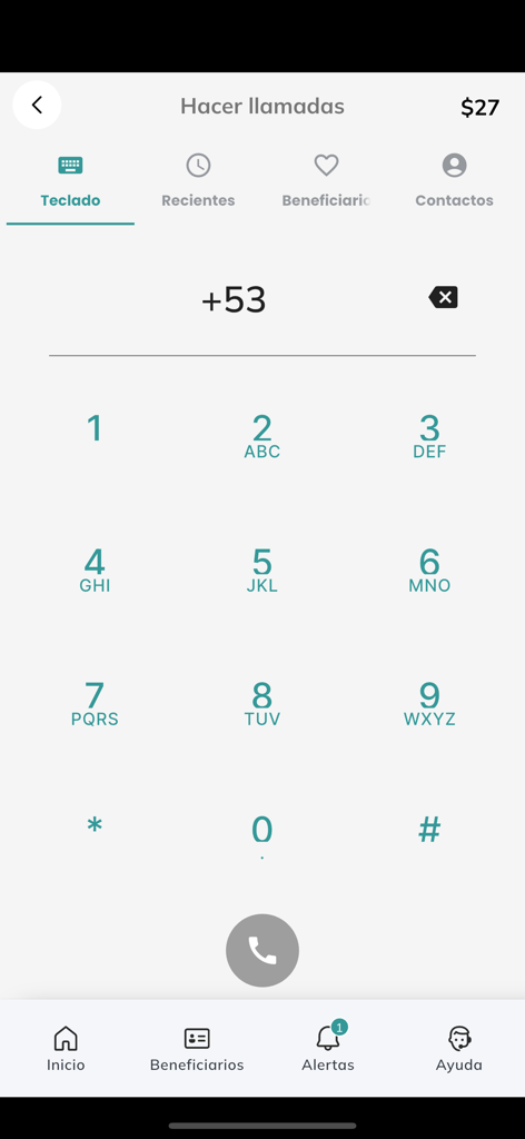 CubaMax - Dial pad interface in the CubaMax app for calling Cuba with the +53 prefix