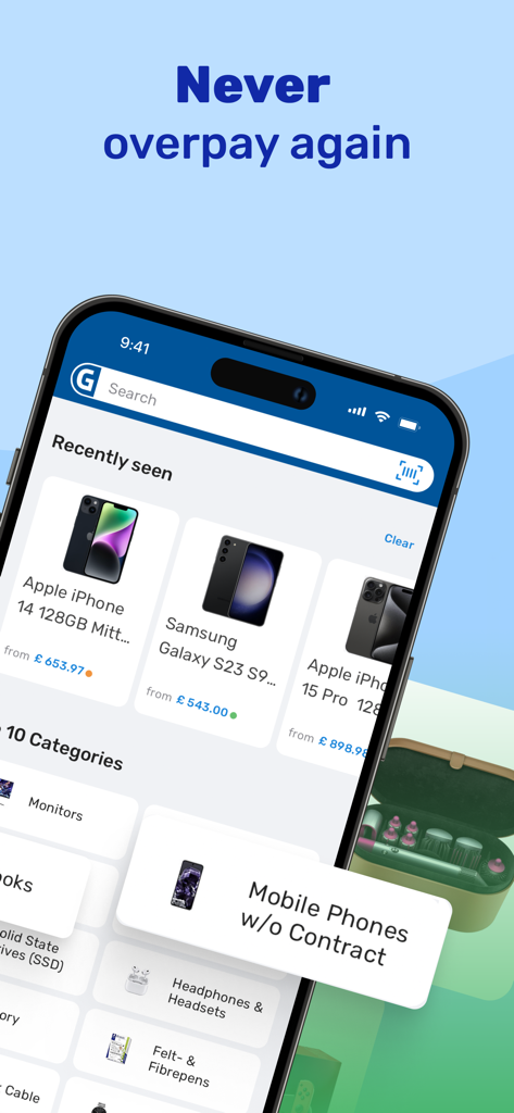 Interface de l'application Geizhals montrant des smartphones récemment consultés et des catégories d'achat avec le titre Ne payez plus jamais trop cher.
