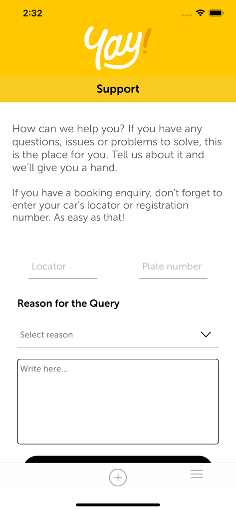 Página de atención al cliente de la app de aparcacoches del aeropuerto ¡Yay! que presenta un formulario de contacto con campos para el localizador y el número de matrícula