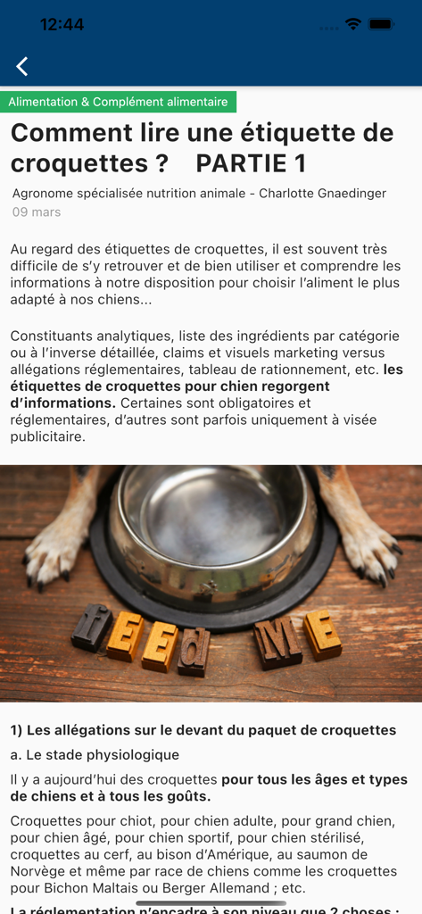 Captura de tela do aplicativo Agility Click and Run exibindo um artigo profissional sobre nutrição canina e leitura de rótulos de alimentos.