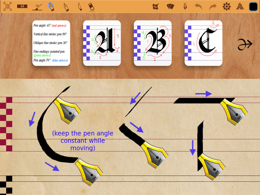 Calligraphy Art - Tutorial interface in the Calligraphy Art app demonstrating pen angles and lettering strokes