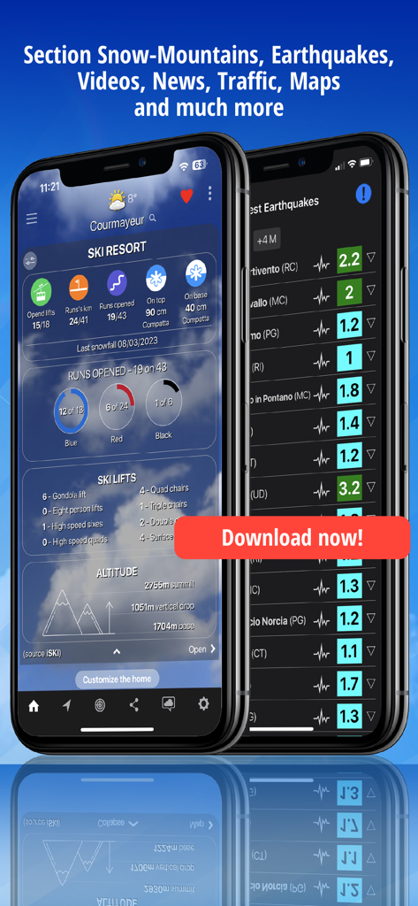 Screenshot dell'app meteo iLMeteo che mostrano dati sulle località sciistiche di montagna e allerte sismiche