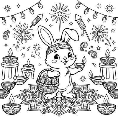 Get ready for a unique fusion of festive fun with our Easter Bunny Diwali Kids coloring page! This adorable design brings together the charm of the Easter Bunny with the radiant spirit of Diwali, perfect for young artists to enjoy.