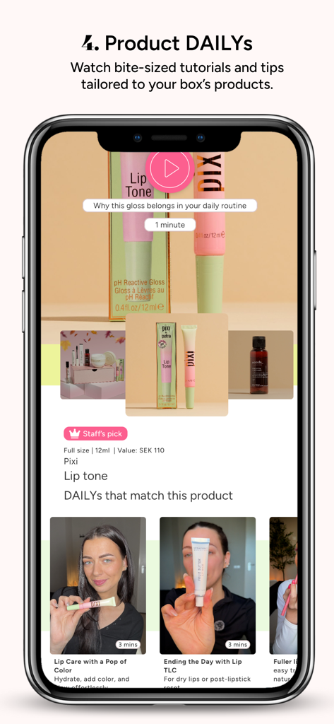 Smartphone screen showing the Product DAILYs section of the Goodiebox app with beauty tutorials and product tips
