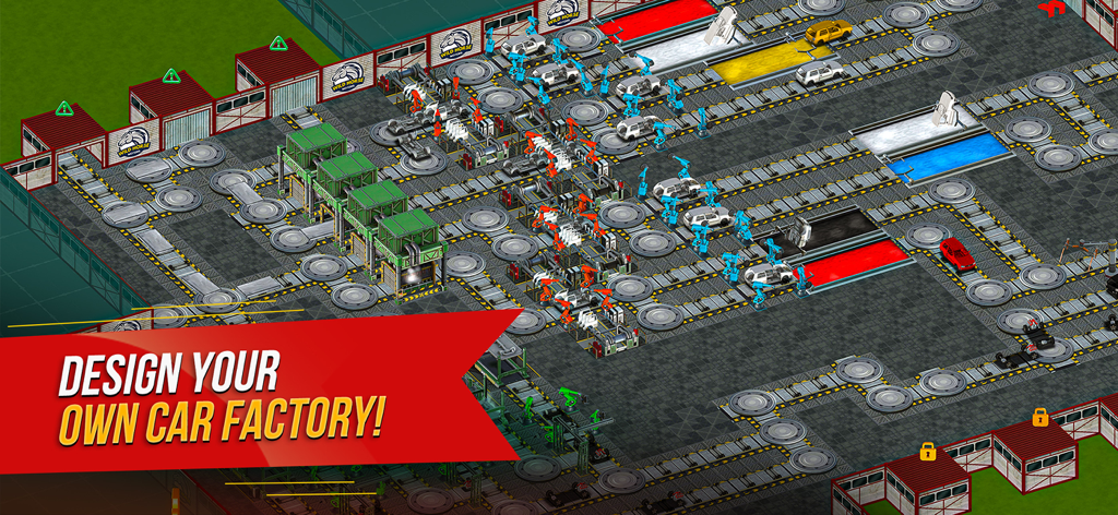 Car Factory Simulator 3d - Isometric view of a car manufacturing assembly line with robotic arms in Car Factory Simulator 3d