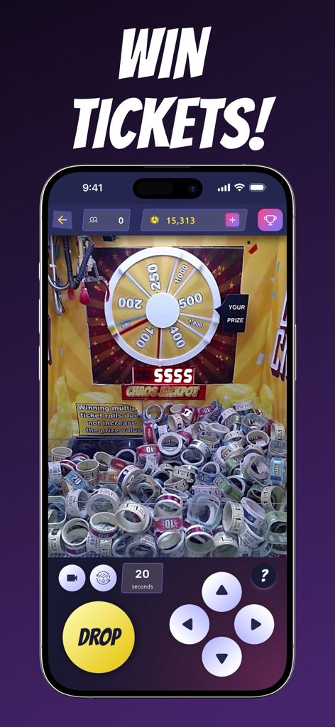 ClawCrazy - Claw Machine Games - Mobile phone screen showing the ClawCrazy app with a live video feed of an arcade ticket wheel and prize bin