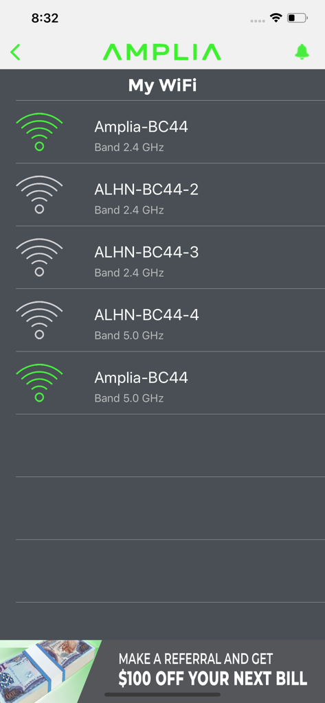 AMPLIA 4U - AMPLIA 4U app My WiFi screen showing available wireless network names and frequency bands