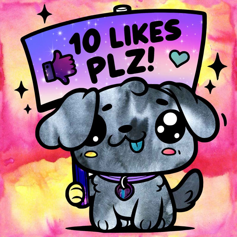 cute dog holding up a sign saying 10 likes plz!