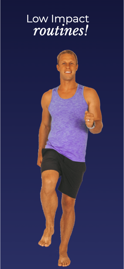 Bloom Young - A man demonstrating a low impact standing exercise routine on a dark blue background.