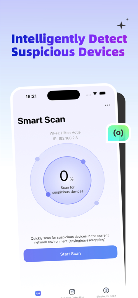 Smart Scan interface of the Hidden Camera Detector Pro app for identifying suspicious devices on a Wi-Fi network.
