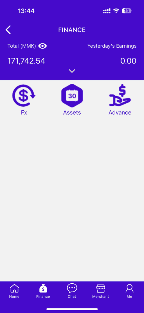 Trusty Pay - Trusty Pay mobile app finance dashboard displaying a balance in Myanmar Kyat and icons for foreign exchange and assets.