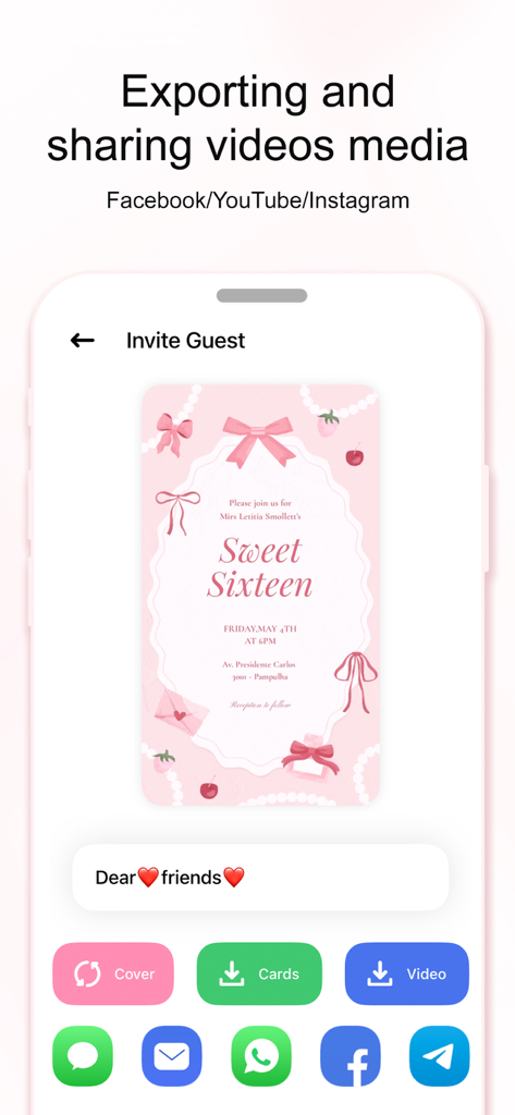Invitation Maker Greeting Card - Interface showing options to export and share a sweet sixteen video invitation card on social media and messaging apps