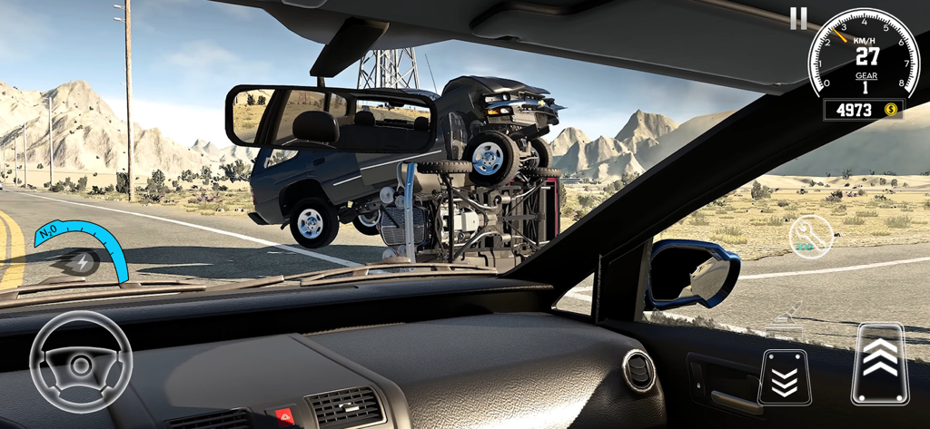 Real Car Crash Game Simulator - Interior view from a car dashboard showing a realistic vehicle collision in a desert environment