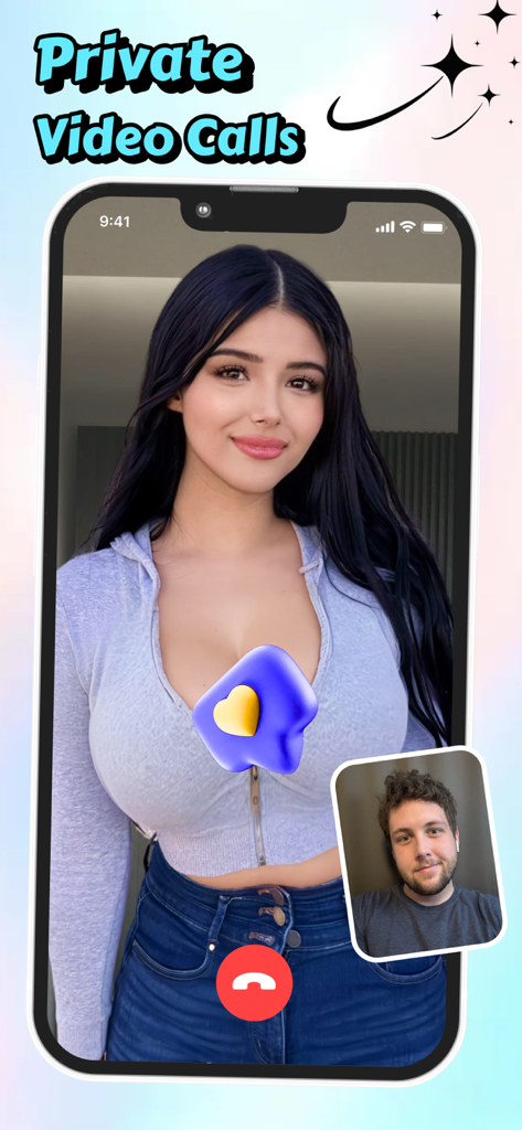 Dizzy: Chat, Meet, Share - A smartphone displaying a private video call between two users on the Dizzy social app.