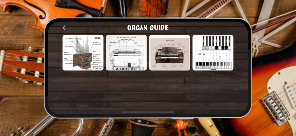Organ Instrument - Un'interfaccia di app mobile che mostra diagrammi didattici della meccanica degli organi a canne e Hammond