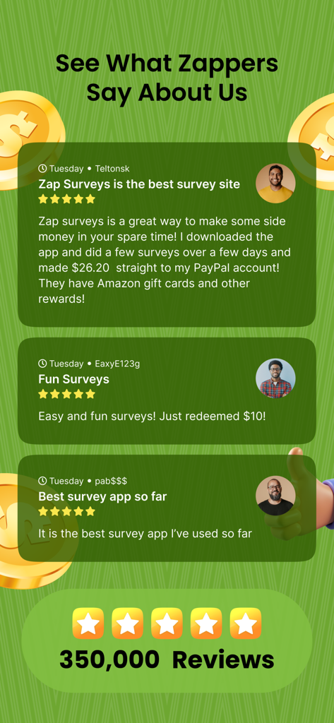 Zap Surveysアプリへの好意的なユーザーレビューと5つ星評価を示すスクリーンショット。