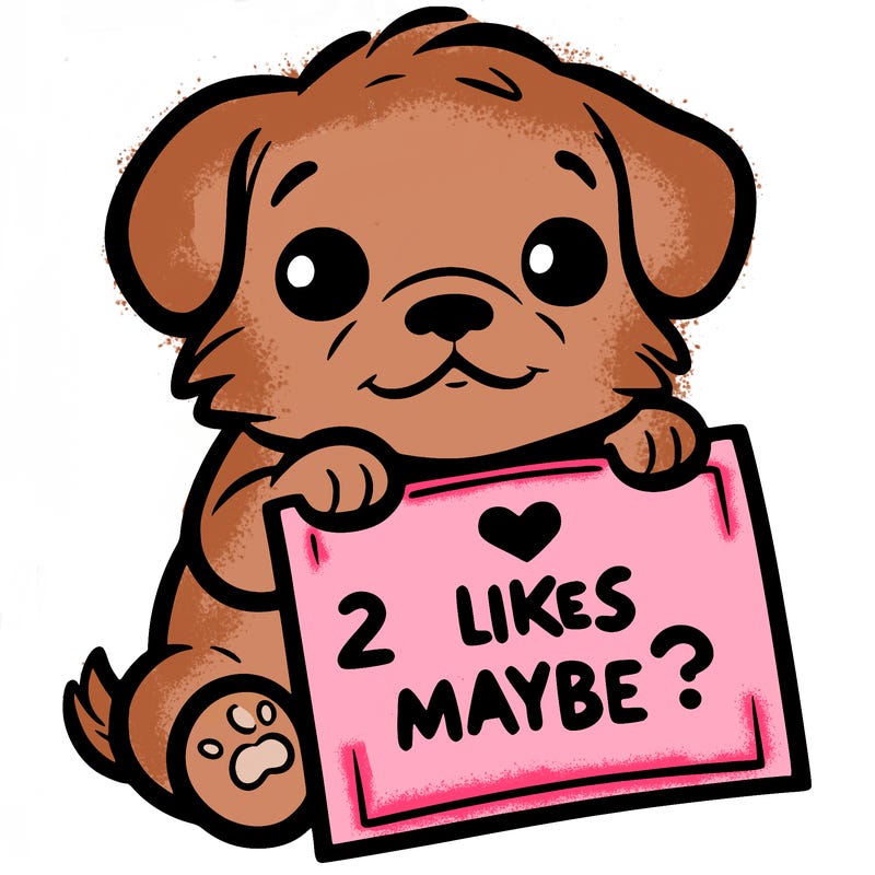 a puppy holding a sign that says 2 likes maybe?