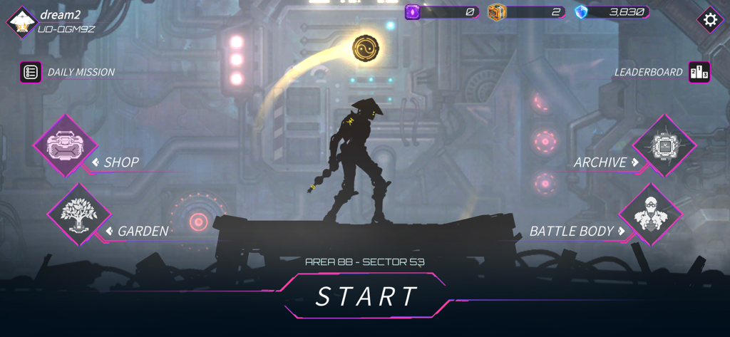 Undestroyed : Roguelike ARPG - Main menu of Undestroyed Roguelike ARPG featuring a silhouetted mechanical warrior and cyberpunk user interface