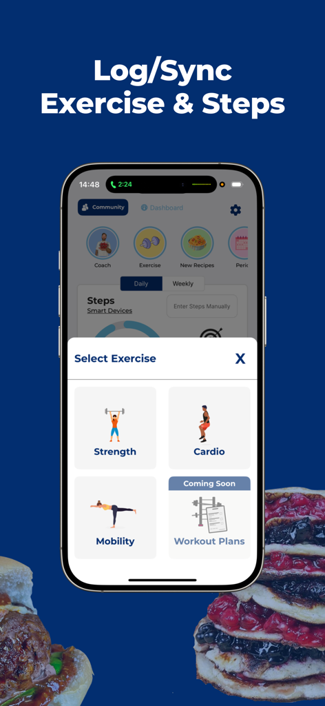 The Fitness Chef - The Fitness Chef app interface showing the exercise selection screen with options for strength cardio and mobility workouts