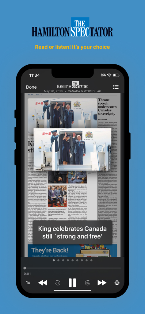 The Hamilton Spectator ePaper - Smartphone screen displaying The Hamilton Spectator ePaper with an audio player for listening to a news story about the King